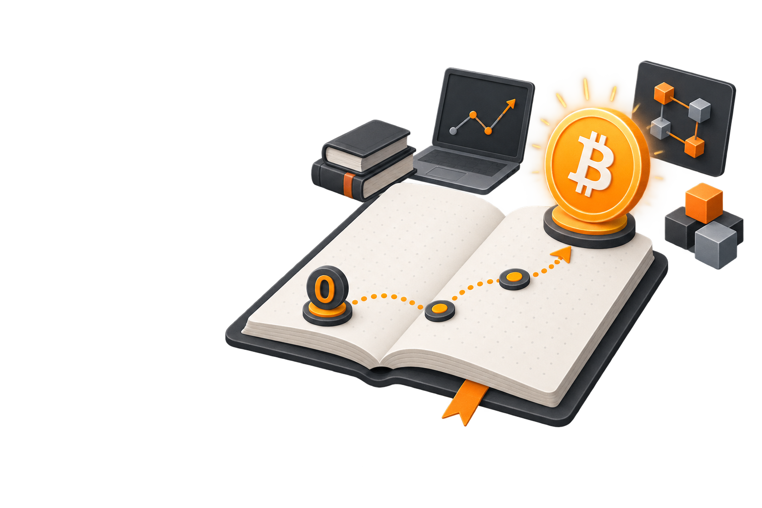 An open notebook and a glowing coin connected by a dotted learning path.