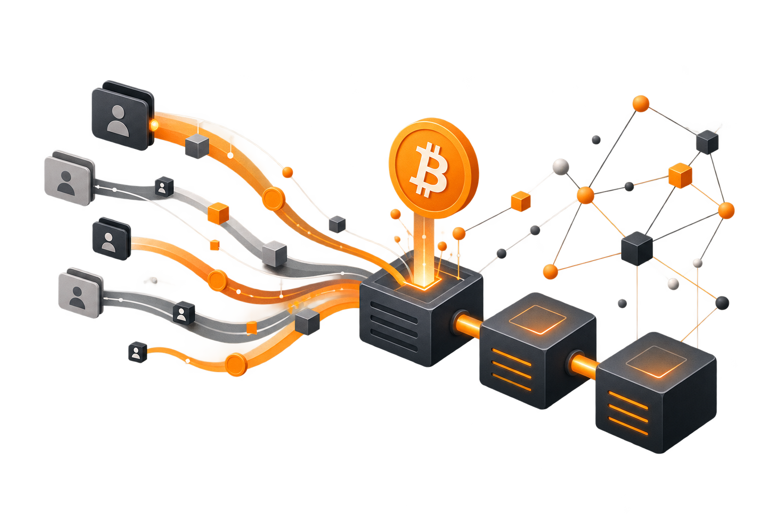 Streams of transaction data entering linked blocks and connecting to a network of nodes.