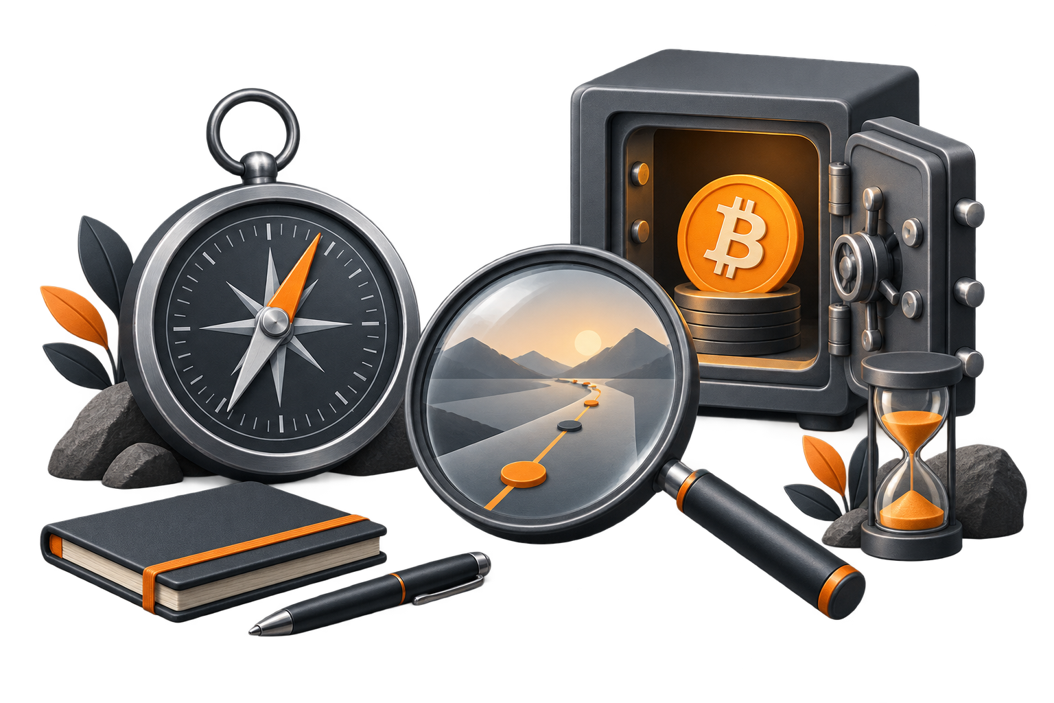 A compass, magnifying glass, and secure vault representing careful research and custody.