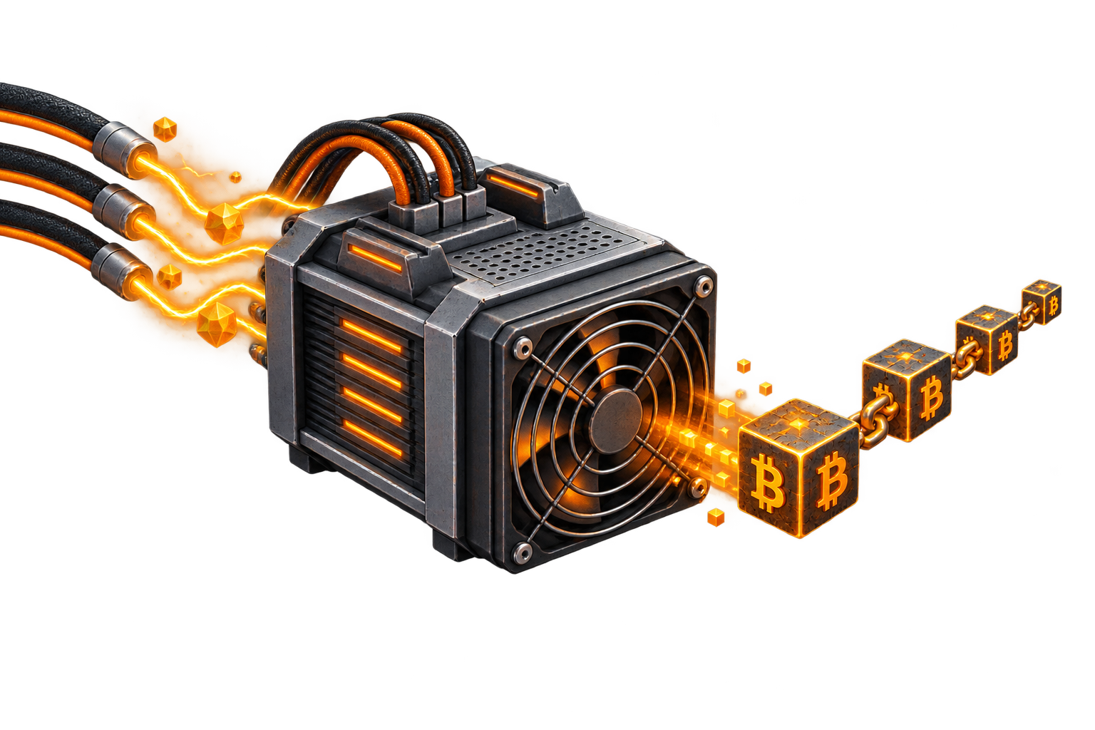 An ASIC mining machine receiving energy and producing a connected chain of blocks.