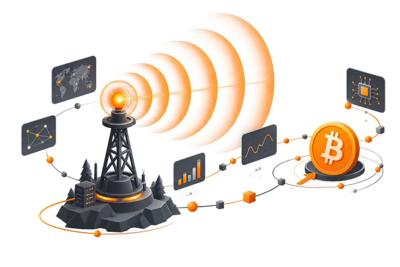 A lighthouse broadcasting signals over a path of information cards.