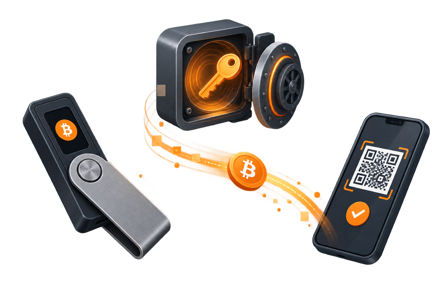 A hardware wallet, secure key vault, and phone payment device connected by a Bitcoin payment path.