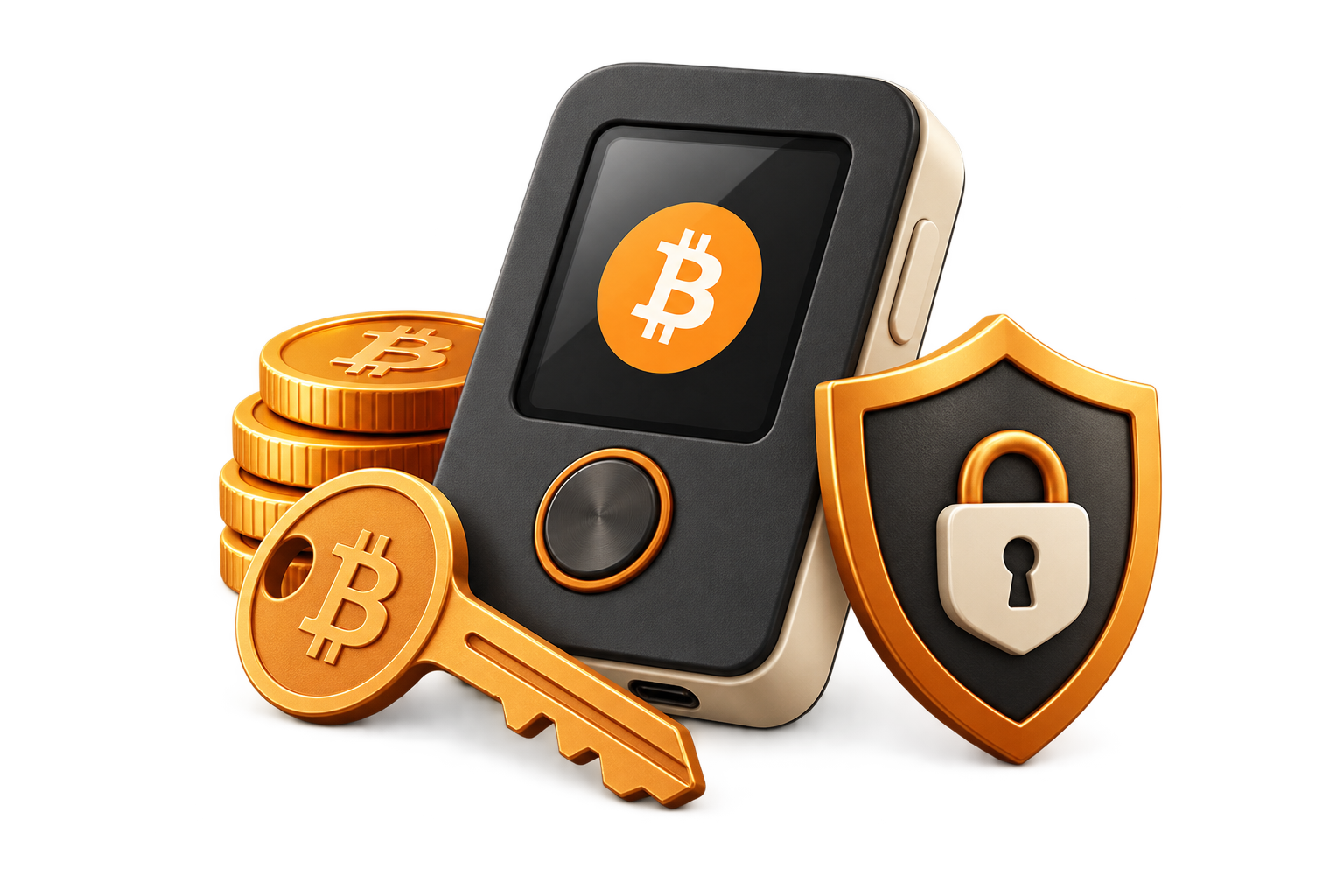 A wallet, key, and shield representing self custody