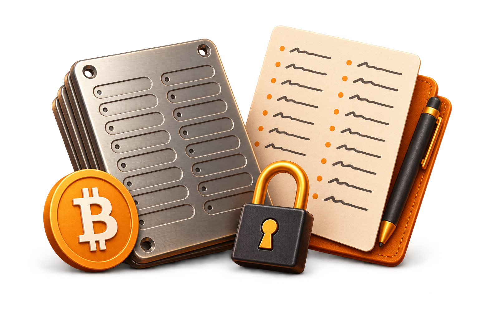 A durable backup and lock representing recovery phrase care