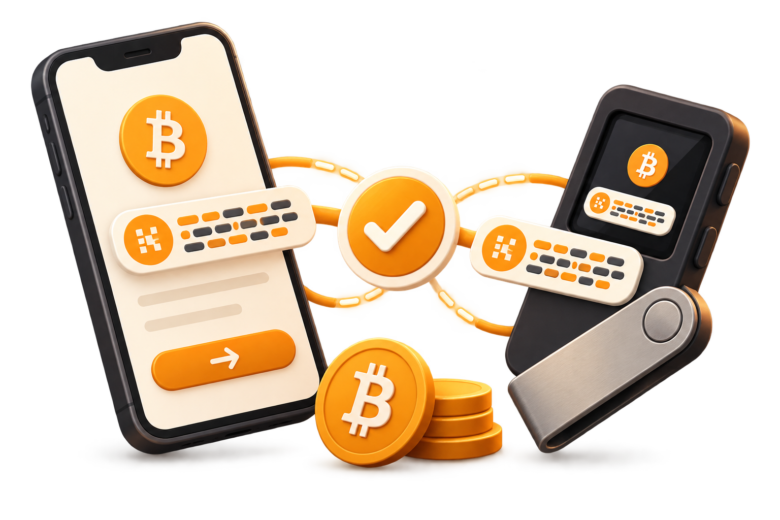Matching wallet screens and a check mark representing address verification