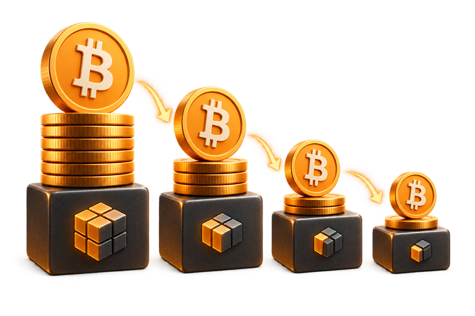 A descending sequence of reward coins representing halving eras